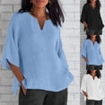 thumbnail image 1 of QIPOPIQ Women's Cotton Linen V-Neck Collar Boxy Top Patchwork Blouses Clearance, 1 of 6