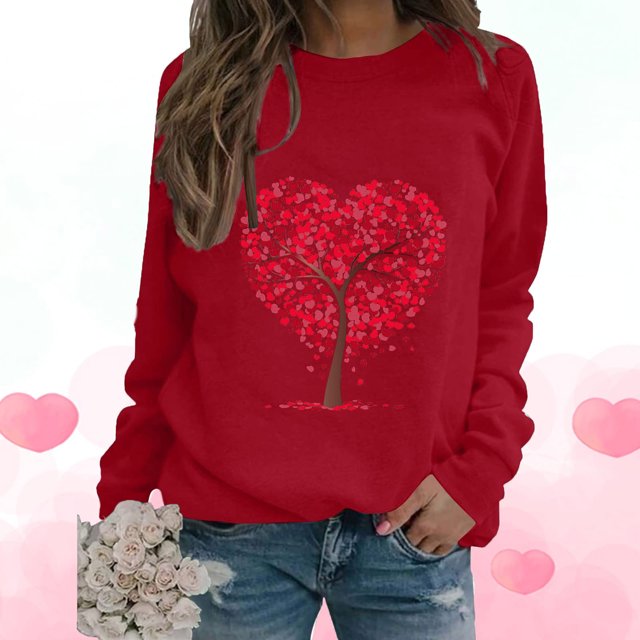 Qertyioot T-Shirt Graphique pour Femmes de la Saint-Valentin à Manches Longues, Haut à Col Rond Imprimé, Chandail Décontracté