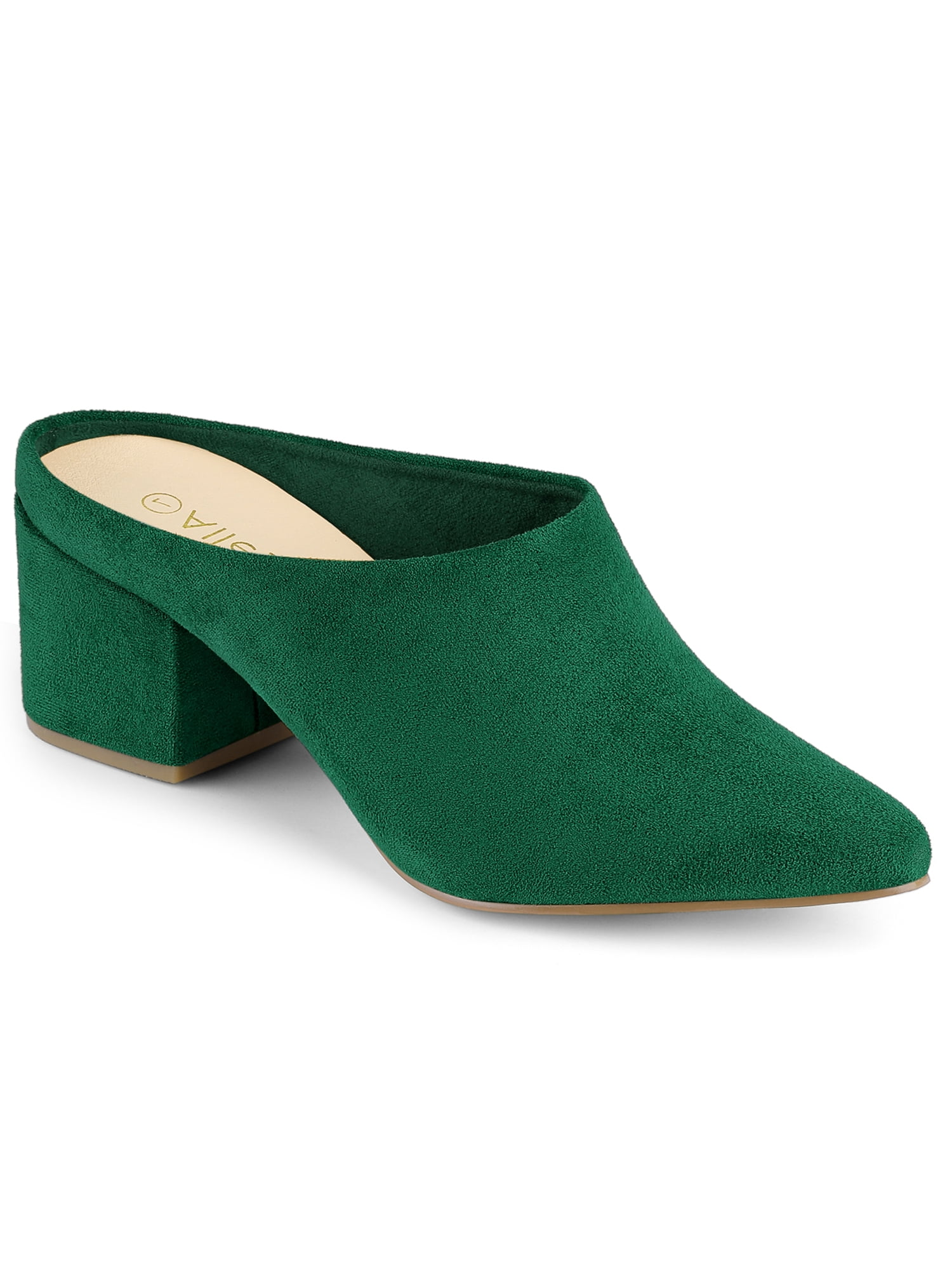 BLISSFUL STEP Women's Slides Block High Heels Slip on Pointed Toe Slide Mules Green 5.5
