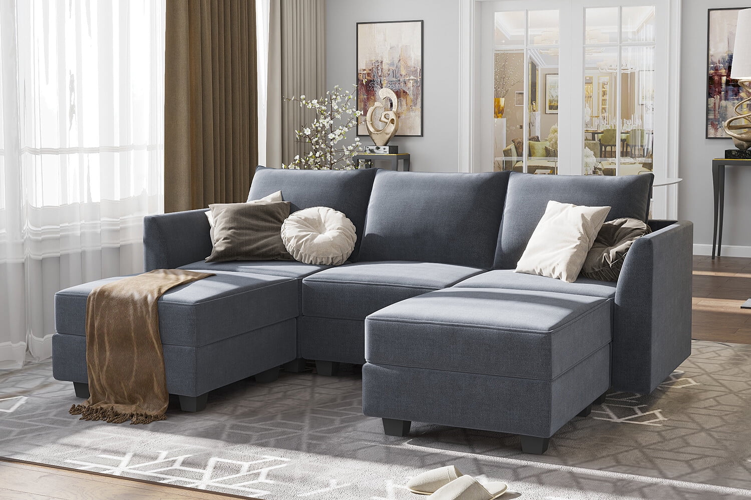 HONBAY Modern Sofa with Storage Seat for Living Room, Bluish Grey Polyester