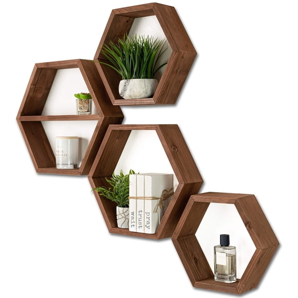 Tablettes Hexagonales Flottantes Très Grandes - Ensemble de 4 - Tablettes en Nid d'Abeilles Tablettes Octogonales Tablettes Murales Suspendues Décor en Nid d'Abeilles - Tablette Hexagonale en Bois en Forme de Nid d'Abeilles pour Mur - Bois Hexagonal Géométrique (Brun)