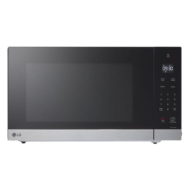 LG 2.0 cu. ft. NeoChef™ countertop microwave with smart inverter and EasyClean® interior, featuring a black glass door, stainless steel lower panel, and SmoothTouch™ glass controls with LED display showing 09:30. Control panel includes sensor cook, sensor reheat, popcorn, defrost, numeric keypad, power level, timer, and child safety lock for safe, efficient cooking.