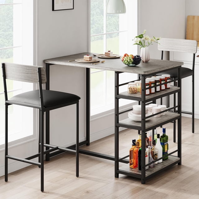 AKDSteel Dining Table and Chairs, Kitchen Table Set with 2 Upholstered Chairs, Kitchen Bar Stools with Footrest, 2 Counter Height Barstools, Thick Cushion, for Apartments and Bistros