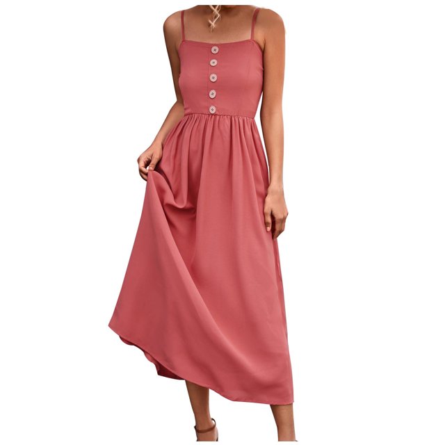 XZNGL Long Summer Dress for Women Summer Suspender Sling Dress Button Solid Casual Long Dress Casual Summer Dress for Women Long Dress for Women Summer Casual Dress for Women Summer
