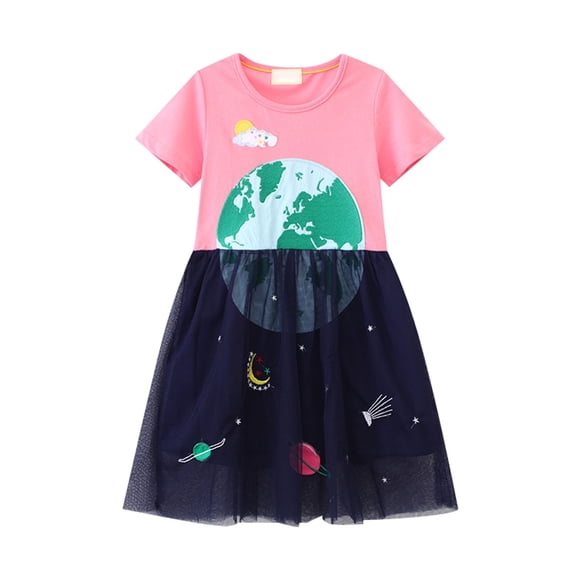 TJAZFJPA Girl Dresses Size 10-12 Girls Cartoon Dress Applique Party Dressesspace Planet Pattern Casual Cotton Short Sleeved Children's Clothing Girl Dresses Size 10-12