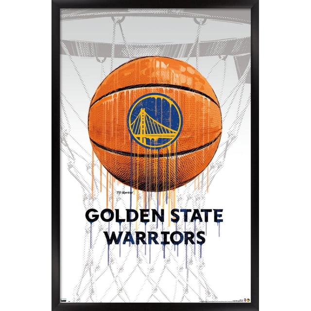 NBA Golden State Warriors - Drip Ball 20 Wall Poster, 22.375" x 34" featuring a large orange basketball with the Golden State Warriors logo in blue and yellow dripping paint style on a white background with a subtle gray basketball net pattern, framed in black. Suitable for sports-themed home décor or fan rooms.