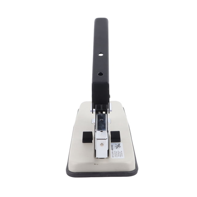 Commercial Desktop Stapler, Saving Effort Easy Use Heavy Duty Stapler Rugged Heavy Duty for Office. Front-facing view of a stainless steel heavy-duty stapler with a black ergonomic handle and beige base. Designed for office productivity, it staples up to 100 pages efficiently, reducing hand fatigue.