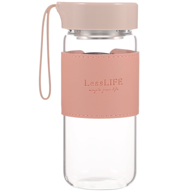 Portable glass water bottle with a heat-resistant design, featuring a pink silicone and plastic lid with a convenient handle. The bottle includes a tea infuser and a pink sleeve with 'LessLIFE' branding. Made of durable glass, it has a 480ml capacity and measures 17.2x7x7cm. Ideal for fitness, outdoor use, and daily hydration needs.