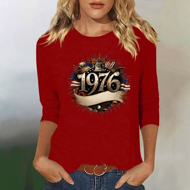 Uootdi Hauts pour Femmes Manches 3/4 Col Ras du Cou Imprimé Palmier Coucher de Soleil 1976 Coupe Décontractée T-Shirts Rétro Plage Vacances Cadeau
