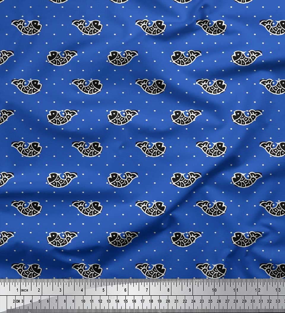 Soimoi Cotton Cambric Fabric Fish Block Printed Fabric 1 Yard 56 Inch Wide