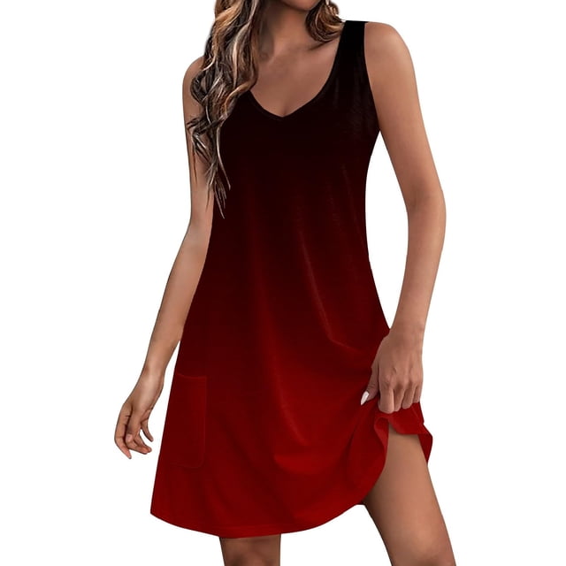 Birdeem Ladies Fashion Gradient Summer Ladies Printed Pocket Sleeveless V-Neck Dress