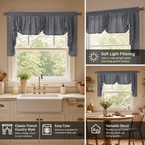 Window Valance Ruffled Plaid Checkered Light Filtering Kitchen Curtain for Home Decor