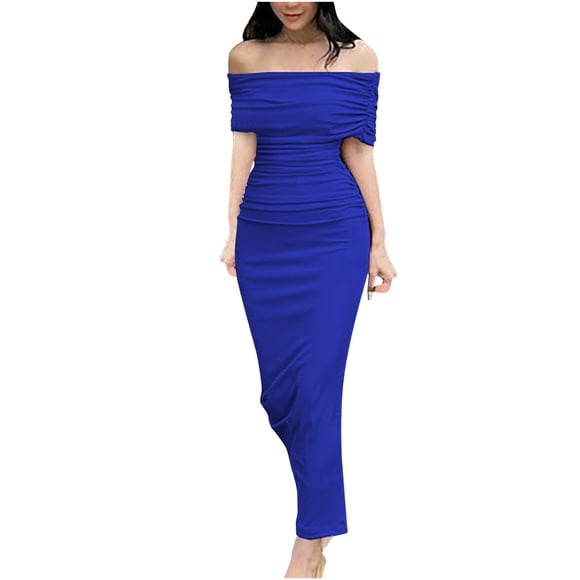 Summer Savings ! PEZHADA Summer Dresses for Women ,Off The Shoulder Dresses for Women,Fashion Sexy Short Sleeve Strapless Backless Tube Top Evening Long Dress Blue