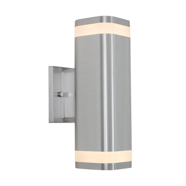 Artika Mettle LED Integrated Wall Light - Silver, a cylindrical brushed stainless steel wall sconce with two horizontal white LED strips at top and bottom, mounted on a rectangular backplate, delivering 630 lumens with 3-way light projection, energy-efficient and suitable for indoor or outdoor use.