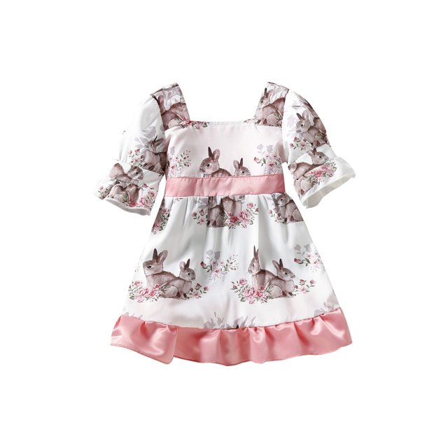 Xingqing Robe de Pâques pour Tout-Petites Filles Bébé, Imprimé Lapin et Fleurs, Manches Courtes, Robe à Volants, Vêtements de Fête