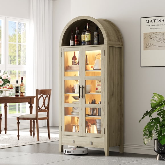 71" Tall Arched Bookshelf with LED Lights, Modern Farmhouse Arched Bookcase with Glass Doors and Shelves, Wooden Display Cabinet with Drawers for Living Room, Dining Room
