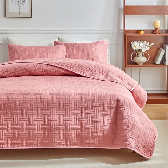Sales Today Clearance! Double Sided Washed Cotton Quilted Bed Cover 3 Pcs Set Solid Colo Pillowcase20x26in Deals of The Day Clearance!
