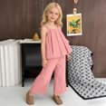 thumbnail image 3 of Qtocio Girls 2 Piece Outfits Solid Crew Neck Ruched Sleeveless Tank Top Wide Leg Pants Casual Fashion Summer Matching Set for Girls, 3 of 5