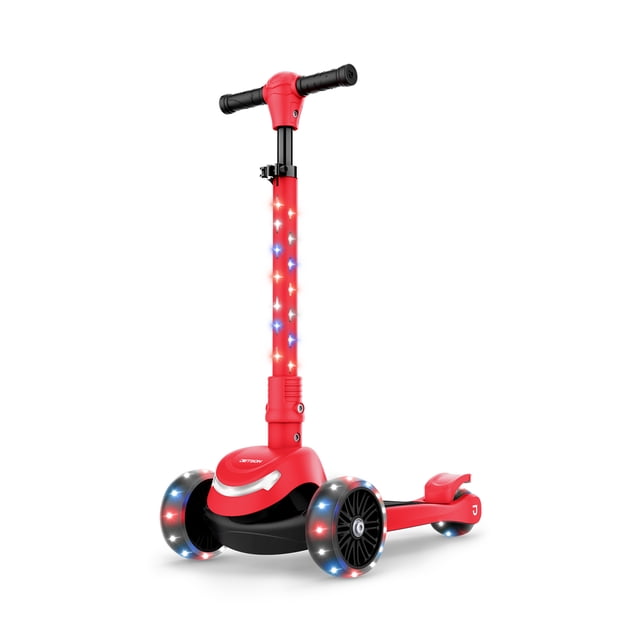 Jetson Jupiter Mini 3 Wheel Light-Up Kick Scooter with Adjustable Handlebar in red, designed for kids aged 3 and up. Features a bright red frame with LED lights on the wheels and stem for visibility and fun. The three-wheel design offers stability, while the lean-to-steer system promotes balance. Includes a low, anti-slip deck, shock-absorbing wheels, and a rear foot brake for a safe and comfortable ride. The adjustable handlebar extends from 23.7 to 31.7 inches, accommodating growth. Lightweight and foldable for easy transport and storage.