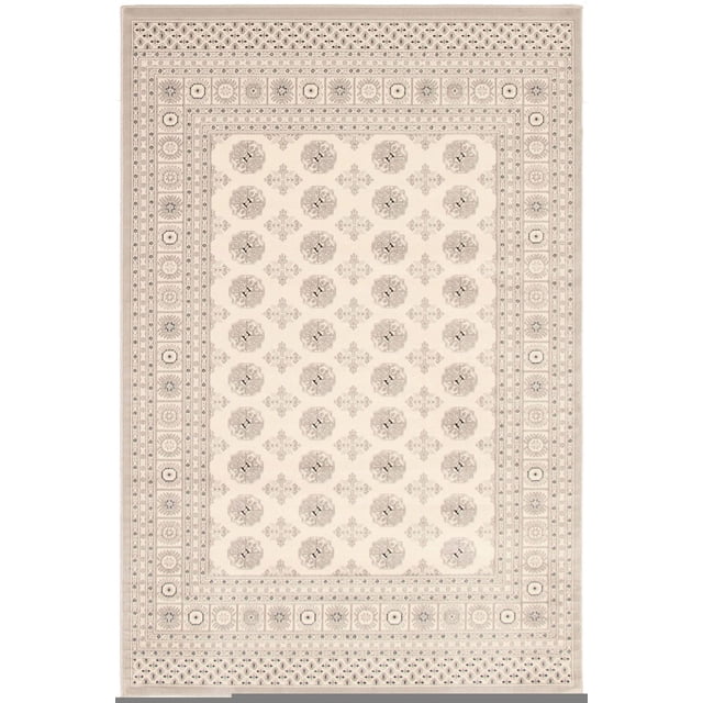 Tekke Oriental Area Rug for Living Room, Dining Room, Bedroom featuring symmetrical oval motifs in beige and taupe with a geometric floral border. This traditional area rug adds elegant accent to rooms and is often used as decorative floor covering in seating areas.