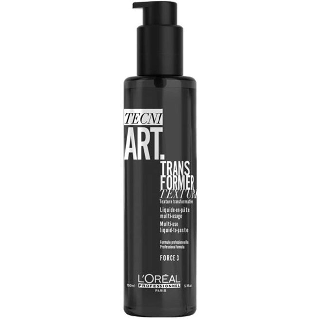 L'Oreal Tecni.Art Transformation Gel 5.1 fl oz in a sleek black pump bottle. This multi-use gel-to-foam styler offers medium hold and transforms from a light control gel to a volumizing foam. Ideal for styling wet or dry hair, it provides control, volume, and movement. The bottle features bold white text and branding, emphasizing its professional formula.