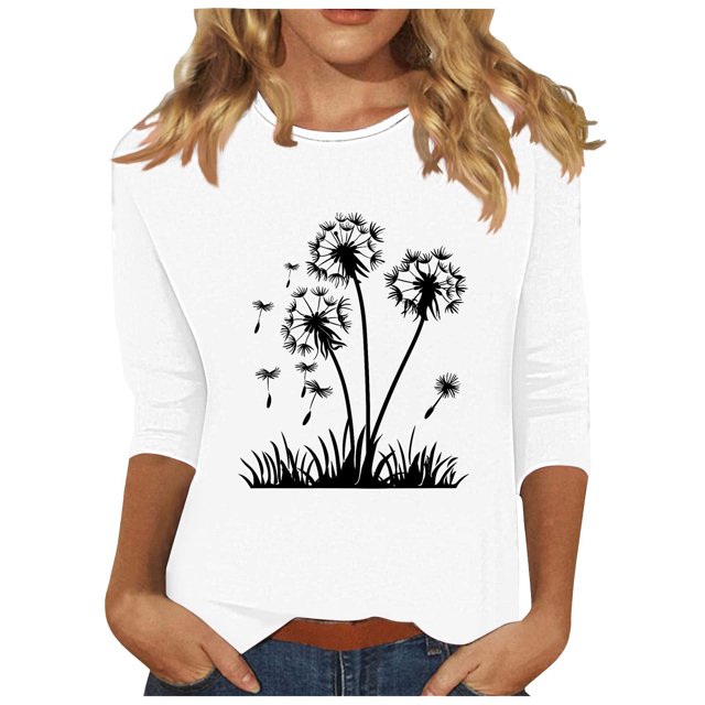 Plebaso Hauts pour Femmes Manches 3/4 Chemises Décontractées Imprimées Tunique à Col Ras du Cou Hauts Chandails Blouses pour Femmes