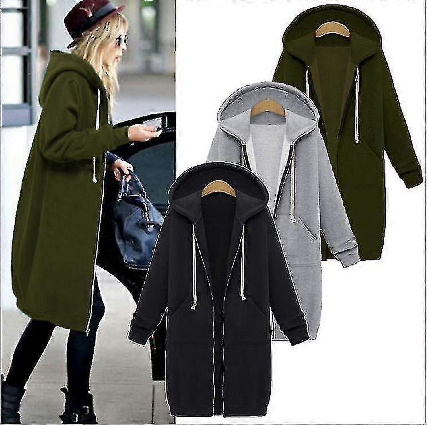 Veste à Capuche Longue en Polaire à Fermeture Éclair pour Femmes Grande Taille