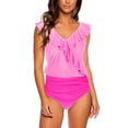 thumbnail image 1 of Bigersell Ruffed One-Piece Swimsuits for Women V-Neck Ruffle Bathing Suit Padded Monokini Swimwear Front Ruched 1 Piece Swimsuit, Style SW-33, Pinks, S, 1 of 5