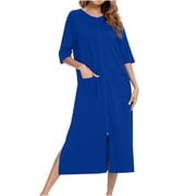 Besolor Women's Zipper Robe Nightgown Crewneck 3/4 Sleeve Bathrobes Housecoat with Pockets Sleepwear S-2XL