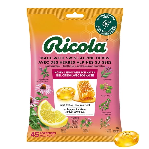 Ricola Honey Lemon with Echinacea Menthol Cough Drops, 45 Count