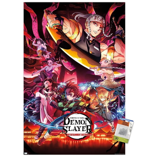 Demon Slayer - Key Visual 1 Wall Poster, 22.375" x 34", depicts multiple anime characters in dynamic action poses with detailed costumes and weapons, surrounded by swirling water and lightning effects, set against a dark background with glowing red-orange lights and a traditional Japanese building silhouette, printed on glossy poster paper suitable for home décor and wall art.