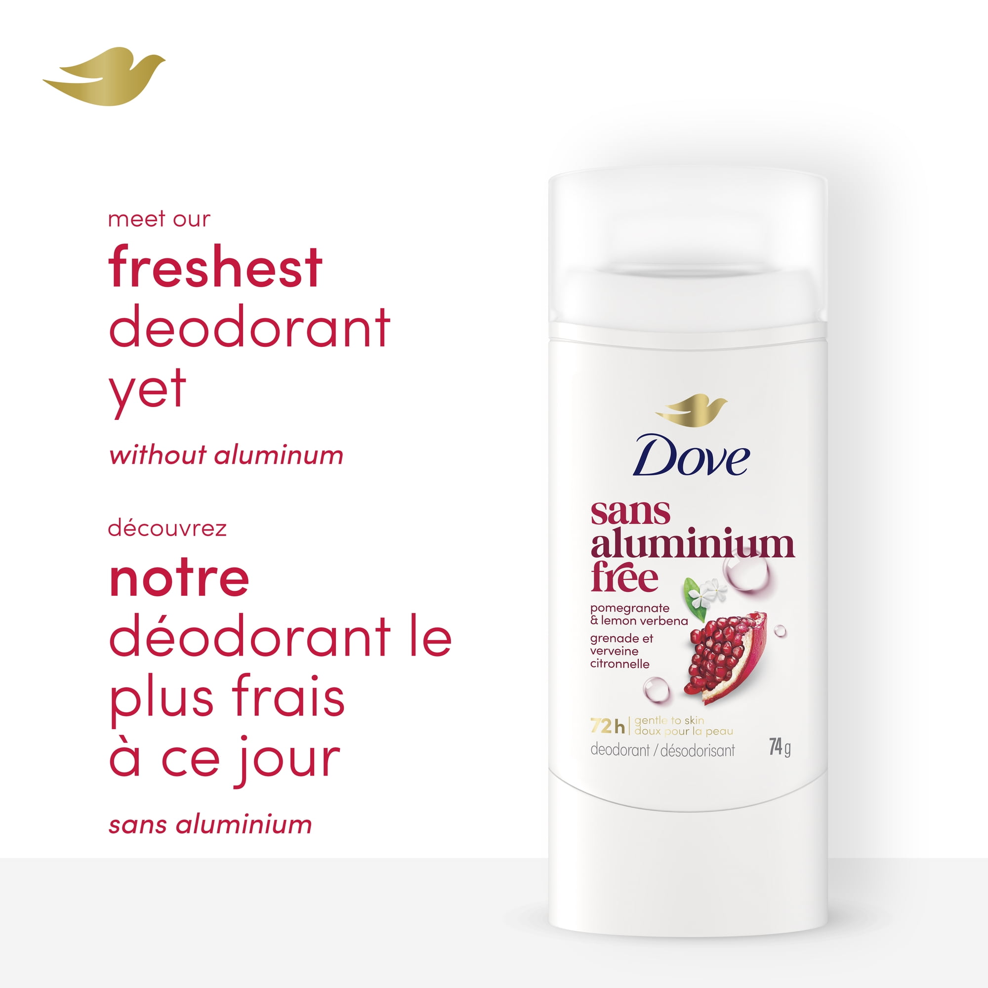 Dove Désodorisant Sans Aluminium Protection 72 H Grenade et Verveine Citronnelle, 74 g