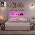 thumbnail image 3 of Homfa Full Size Velvet Upholstered Bed with LED Lights & 2 Drawers, Storage Headboard Platform Bed Frame with USB Ports & Outlets, Pink, 3 of 8