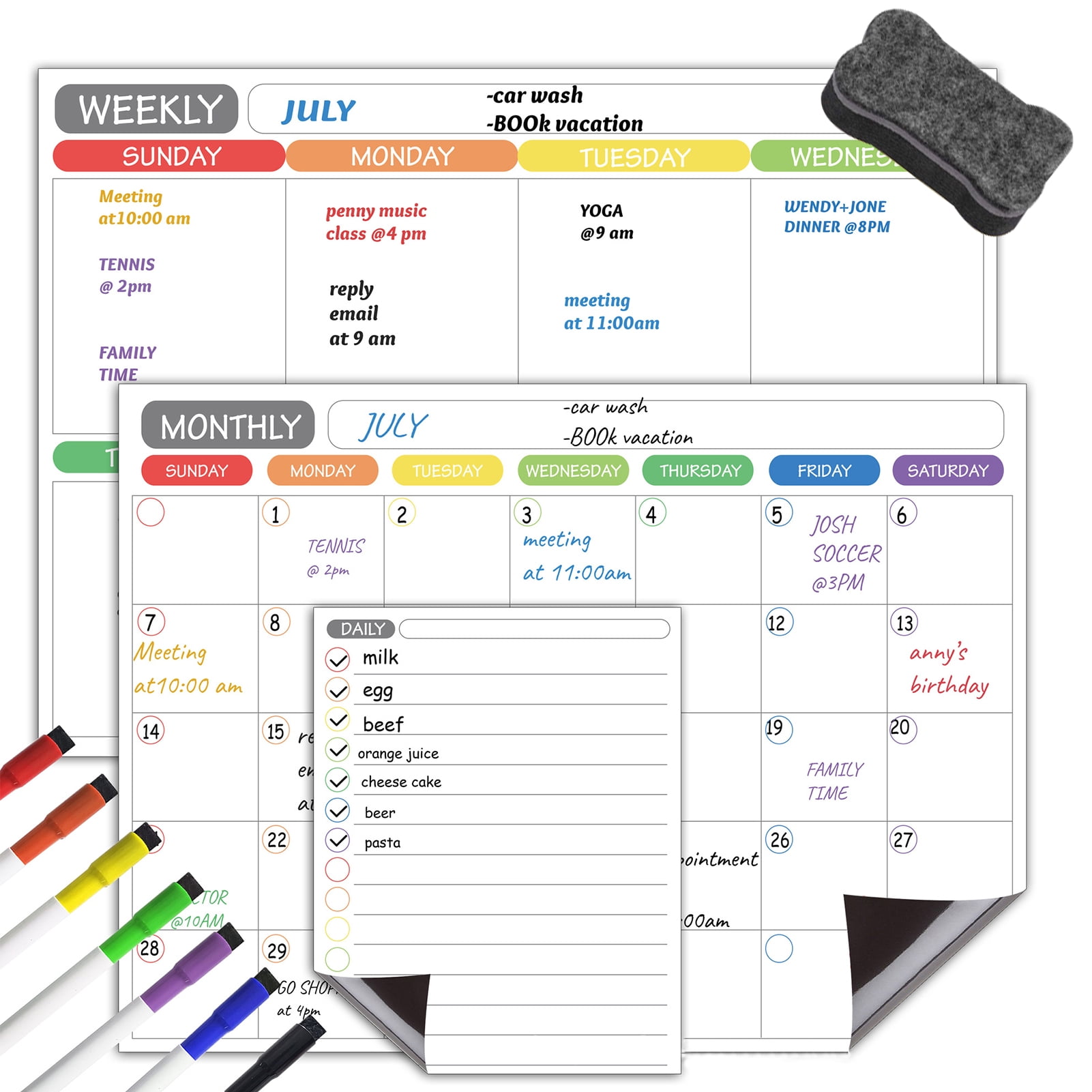 Magnetic Dry Erase Calendar Whiteboard Fridge Magnet Flexible Daily Message Stickers Included Monthly Weekly Daily Calendar Whiteboard 5 Board Pen 1 Eraser for Organizer Schedule Planner To Do List