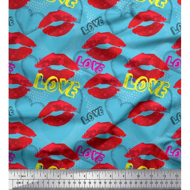 Soimoi Blue Crepe Silk Fabric Text,Lips & Heart Print Sewing Fabric Yard 42 Inch Wide