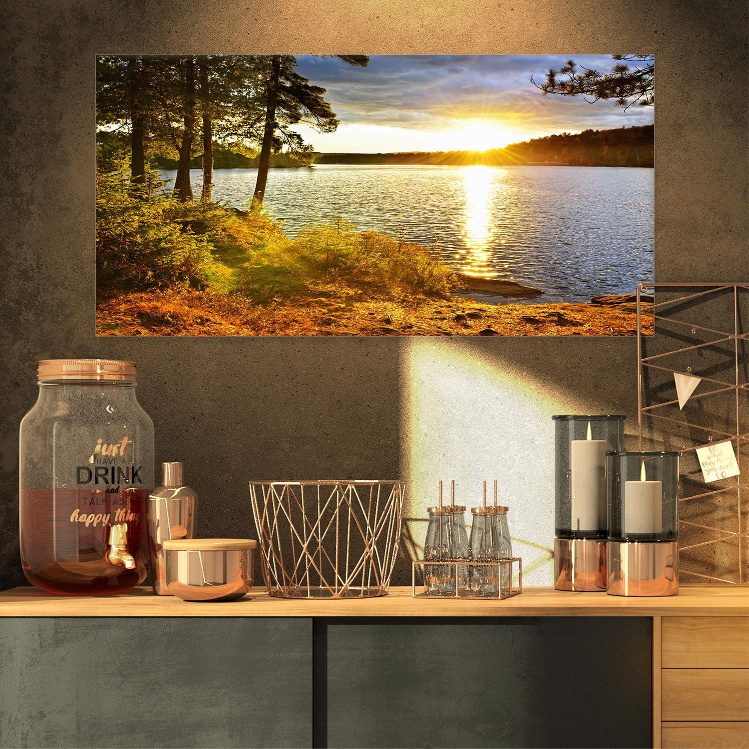 Designart Belle vue sur le coucher de soleil sur le lac Art mural sur toile