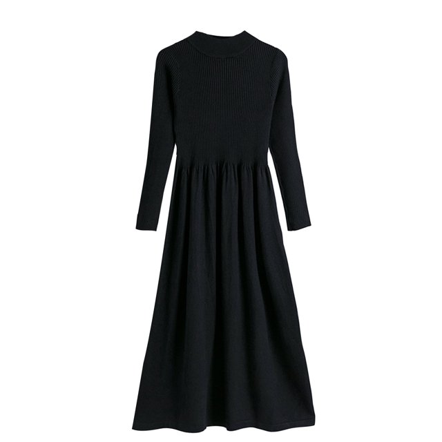 Pisexur Robes Chandails pour Femmes 2024 Tendance Couleur Unie Robe Midi en Tricot Côtelé Col Rond Robe à Manches Longues Mode Décontractée Robe d'Automne Ample Plissée Robes Chandails à Étages