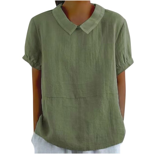 Timegard Hauts en Coton et Lin pour Femmes, Col à Revers, Blouse Ample Unie, Manches Courtes Décontractées, Été