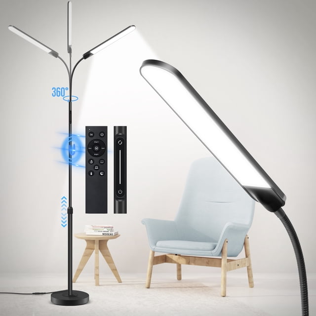 OUTON LED Reading Floor Lamp for Living Room, a tall standing lamp in black with adjustable height and a flexible 360-degree rotating gooseneck. Features include remote and touch control for adjusting brightness (5%-100%) and four color temperatures (Warm, Warm White, Cool White, Daylight White). The lamp has a sturdy weighted base for safety and a memory function with a 1-hour sleep timer. Includes a remote control and touch panel, shown in a modern living room setting with a light blue armchair and a small wooden side table.