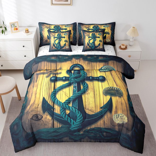Boat Anchor Bed in a Bag King Size Comforter Set 7 Pieces,Nautical Rope Knot Bedding Sets Steering Wheel Compass Vintage Ocean Sheet Set with Comforter
