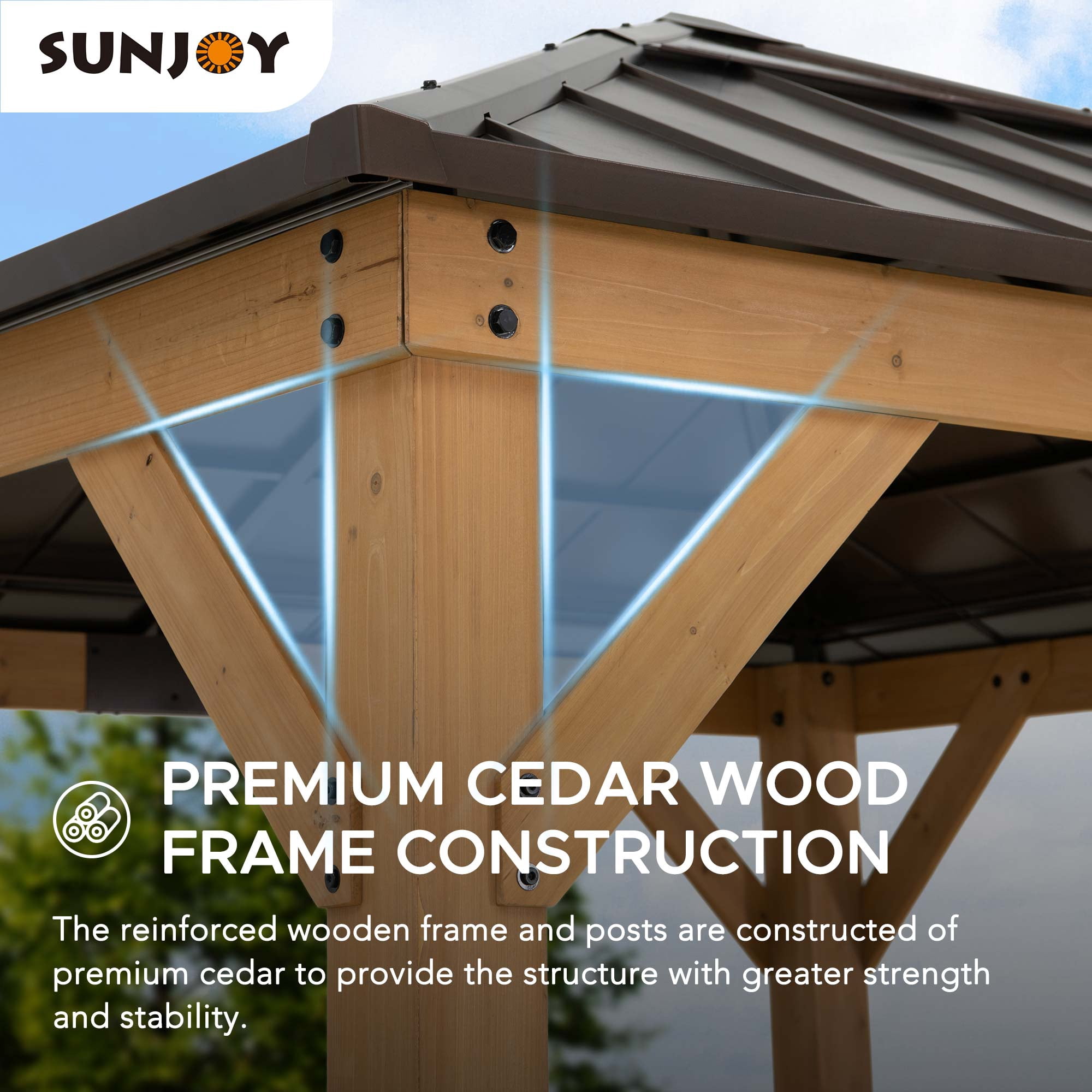 Sunjoy Outdoor Patio 9x9 ft Cedar Framed Gazebo with Brown Steel & Polycarbonate Hip Roof Hardtop