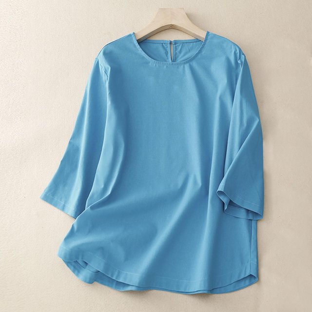 Meichang Chemises en Lin pour Femmes Été Rétro Manches 3/4 Hauts pour Femmes T-Shirts Basiques Coupe Ample Col Rond T-Shirts Vintage Blouses Grande Taille