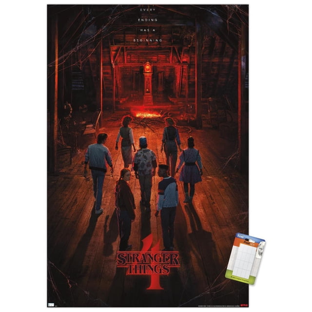 Netflix Stranger Things : Saison 4 - Affiche Murale Teaser « Creel House » en une Feuille avec Punaises, 22,375 Po x 34 Po Montrant Sept Personnages Marchant vers un Grand-Père Lumineux avec une Horloge à l'Intérieur d'Un Grenier Vaguement Éclairé avec Planchers et Poutres en Bois, Illuminé par une Lumière Rouge et des Toiles d'Araignée, Présentant le Texte « Every ending has a beginning » et le logo Stranger Things 4 au Bas, Idéal pour