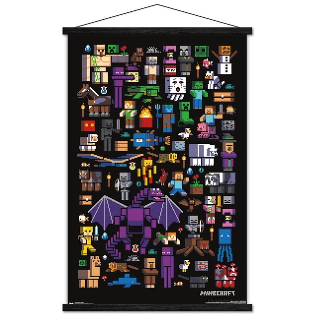 Minecraft - Affiche Murale Mobbery, 22,375 Po x 34 Po, art Mural Brillant Montrant des Foules Minecraft Pixélisées Incluant Ender Dragon, Creeper, Ghast, Iron Golem, Zombie et Squelette sur Fond Noir, Parfait pour la Déco de la Maison, les Salles de Jeux Ou les Dortoirs.
