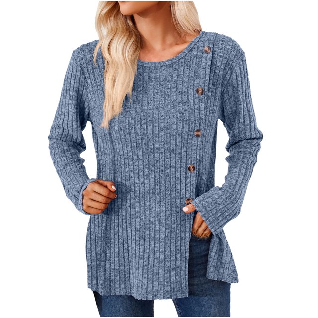 Birdeem Women's Solid Short Color Casual Long Sleeve New Round Neck Solid Color Panel Button Long Sleeve Loose