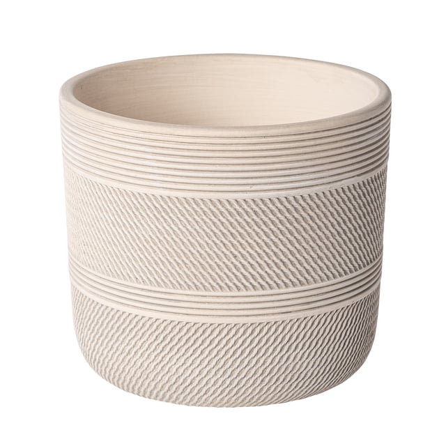 Better Homes & Gardens 6" Ceramic Grooved Pot-White with a cylindrical white ceramic design featuring diagonal textured grooves and horizontal ridges, including a drainage plug for versatile indoor and outdoor garden planter use, suitable for ferns, succulents, or decorative plants.