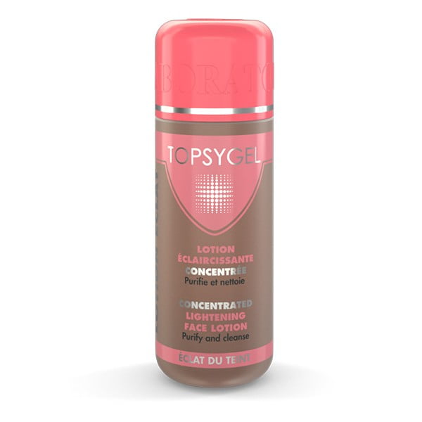 Topsygel - Lotion 220ml in a cylindrical bottle with a pink cap and brown body. The label highlights its concentrated lightening formula for purifying and cleansing the face. Designed for fragile skin, it contains glycerin and aloe vera for hydration and comfort.