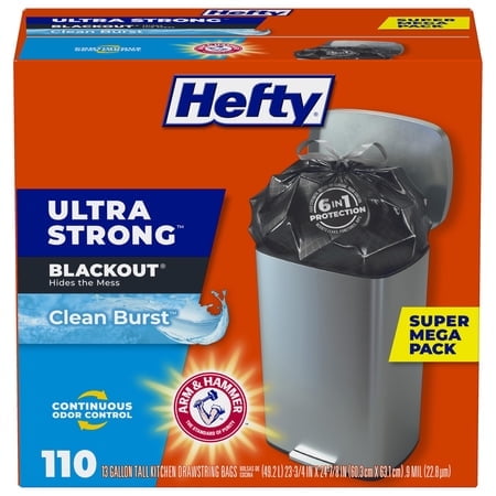 Hefty Ultra Strong Trash Bags, Black Tall Kitchen Trash Bags 13 Gallon Size, Break Resistant Drawstring Enclosure, Continuous Odor Control,