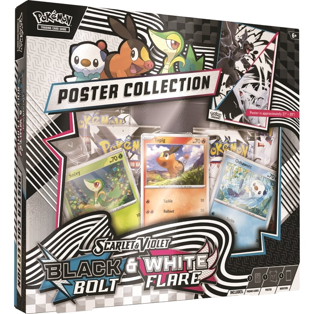 Pokemon TCG: Unova Poster Collection featuring foil promo cards of Snivy, Tepig, and Oshawott, two Scarlet & Violet—Black Bolt and White Flare booster packs, and a double-sided 27 by 39 inch poster, suitable for Pokémon card collectors and players.