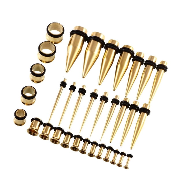 Transemion 36 Pieces Ear Gauges Stretching Kit Expanders 14G-00G Plugs Gold 36 Pcs 1Set